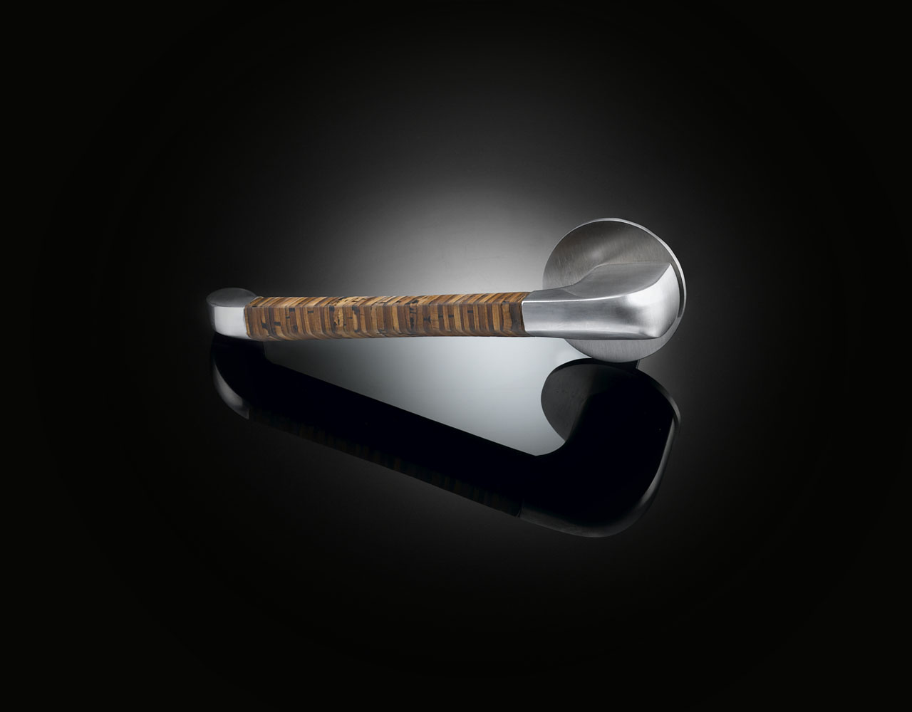 Kenneth Grange lever handle KGL03BB with birch bark in Satin Stainless Steel